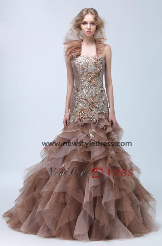 ... Train Ruched Embroidery High-end Halter Sheath Prom Dresses nq-013
