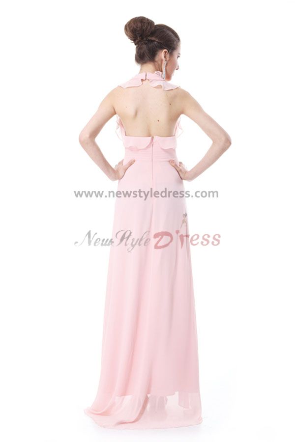 Home  Pink Chiffon Halter Split Front New Style Prom Dresses np-0194