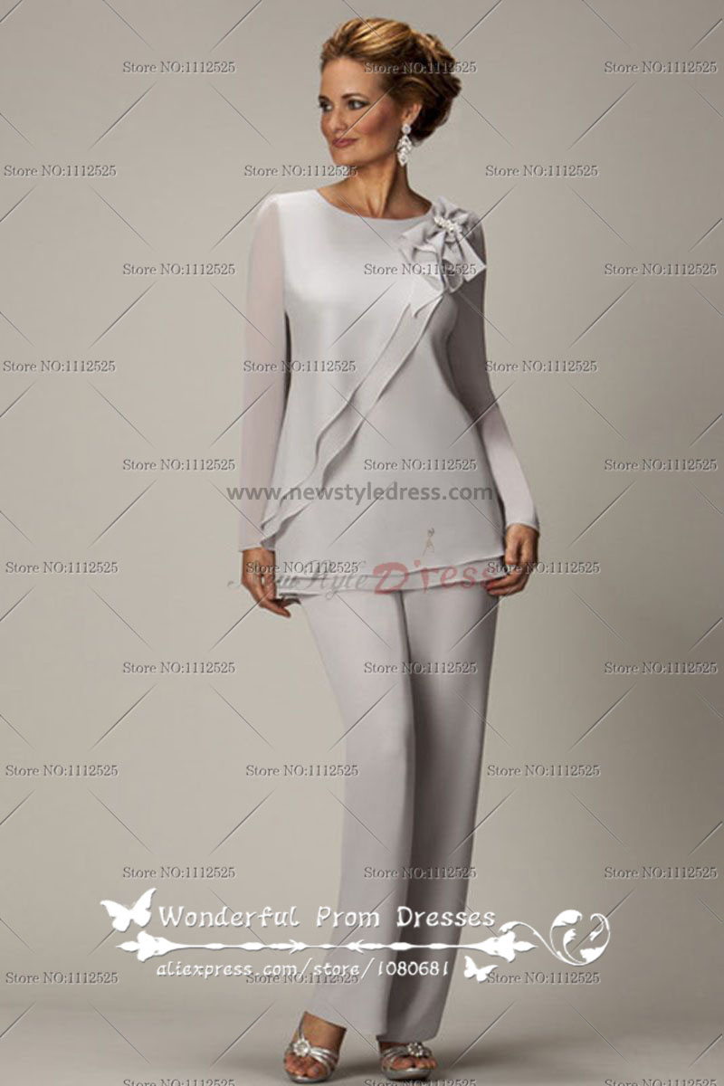 Long Sleeves Light Gray Two Piece Chiffon Mother Of The Bride Pants Suits Nmo 020