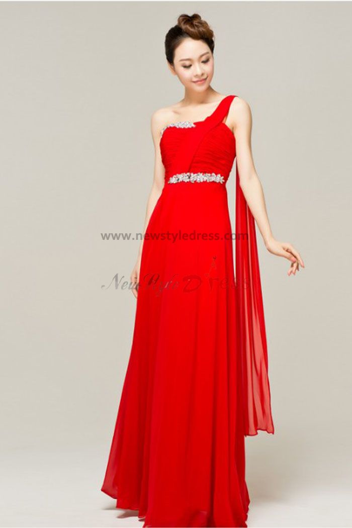 One Shoulder red Chiffon Chest With Crystal Floor-Length Gorgeous Prom ...