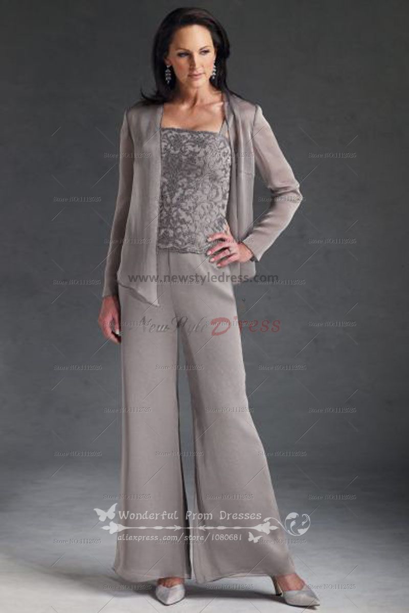 cheap three piece Chiffon mother of the dress pant suits with lace