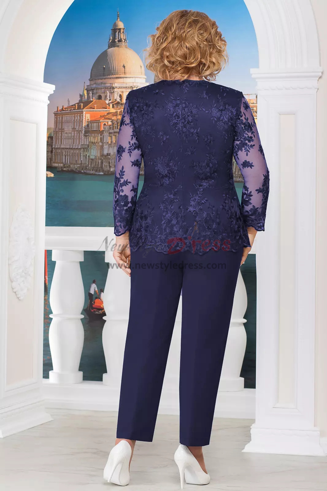 2PC Plus size Mother of the bride pant suits Lace top and Chiffon pants