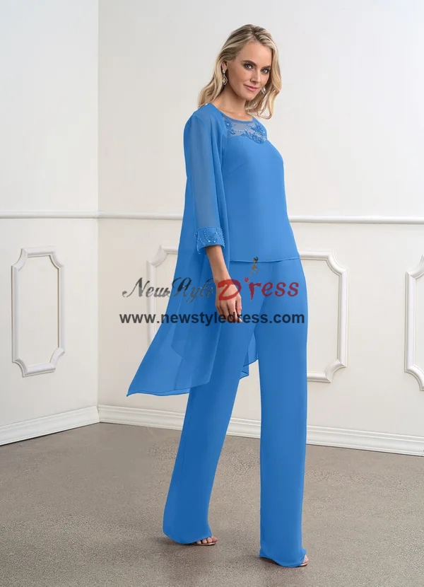 Ocean Blue Chiffon Women's Pant Suits,3PC Mother Of The Bride Outfits ...