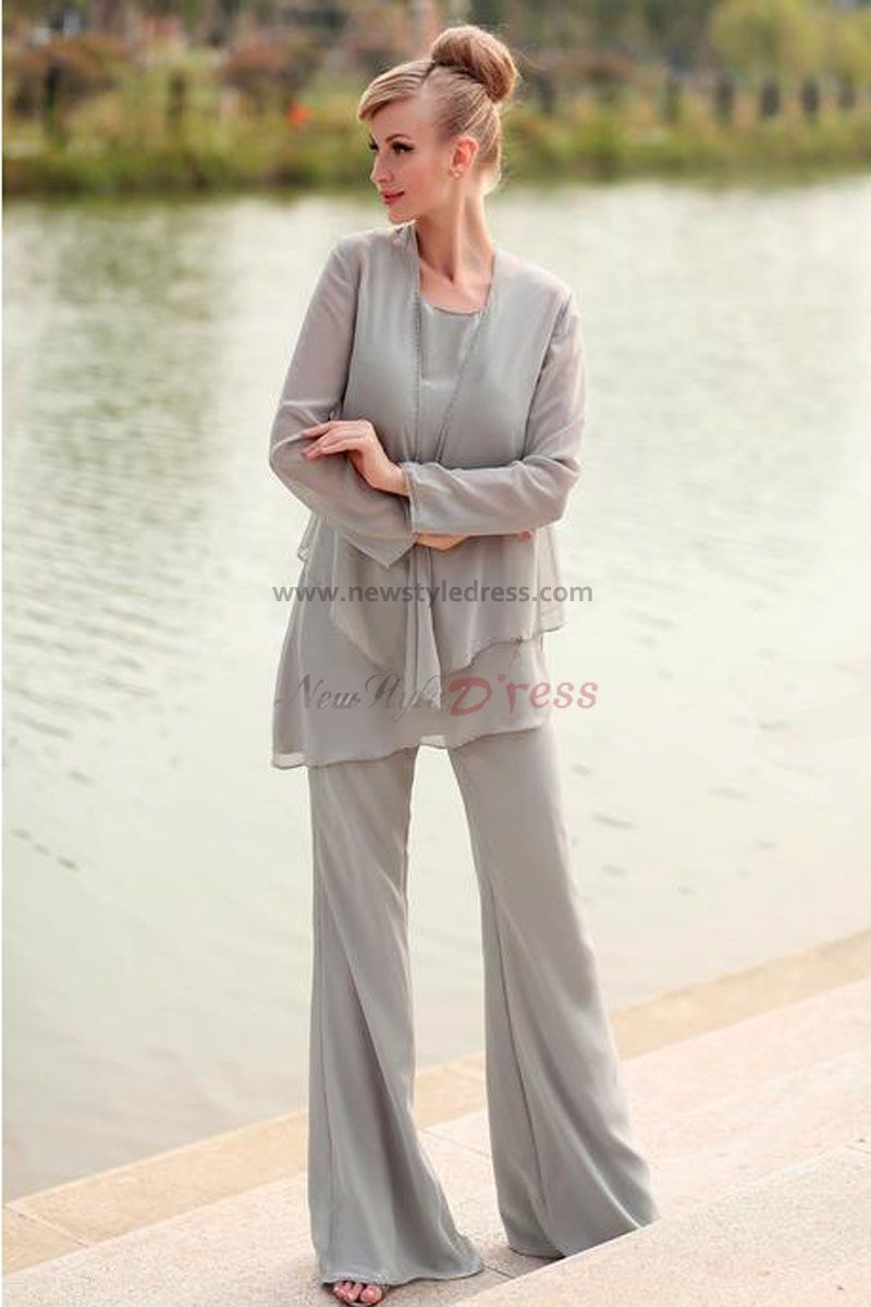 Elegant Gray Chiffon Three Piece Mother Of The Bride Dresses Pants Suit Nmo 028