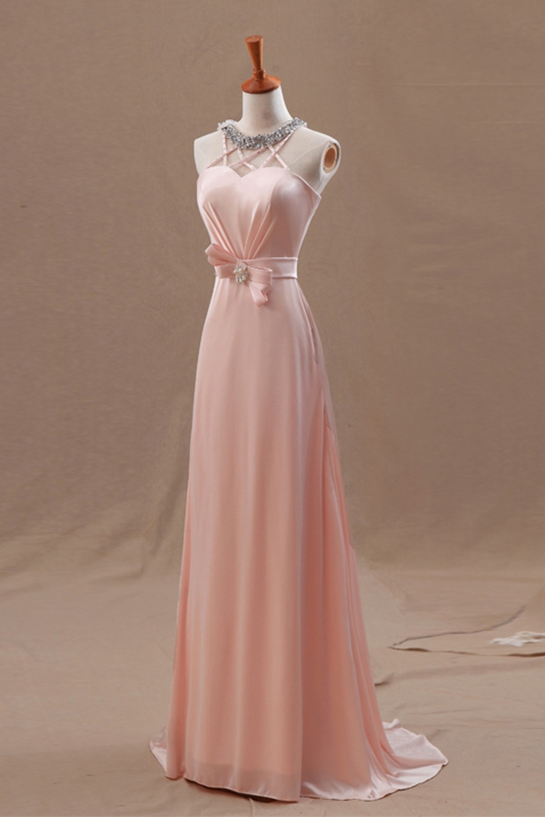 Pink long Halter Brush Train Waist With a bow prom dress np-0252