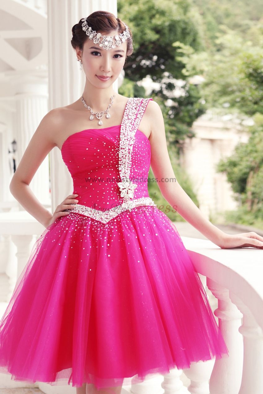 One Shoulder Ball Gown Short rose red Cocktail Dresses With Glass Drill ...