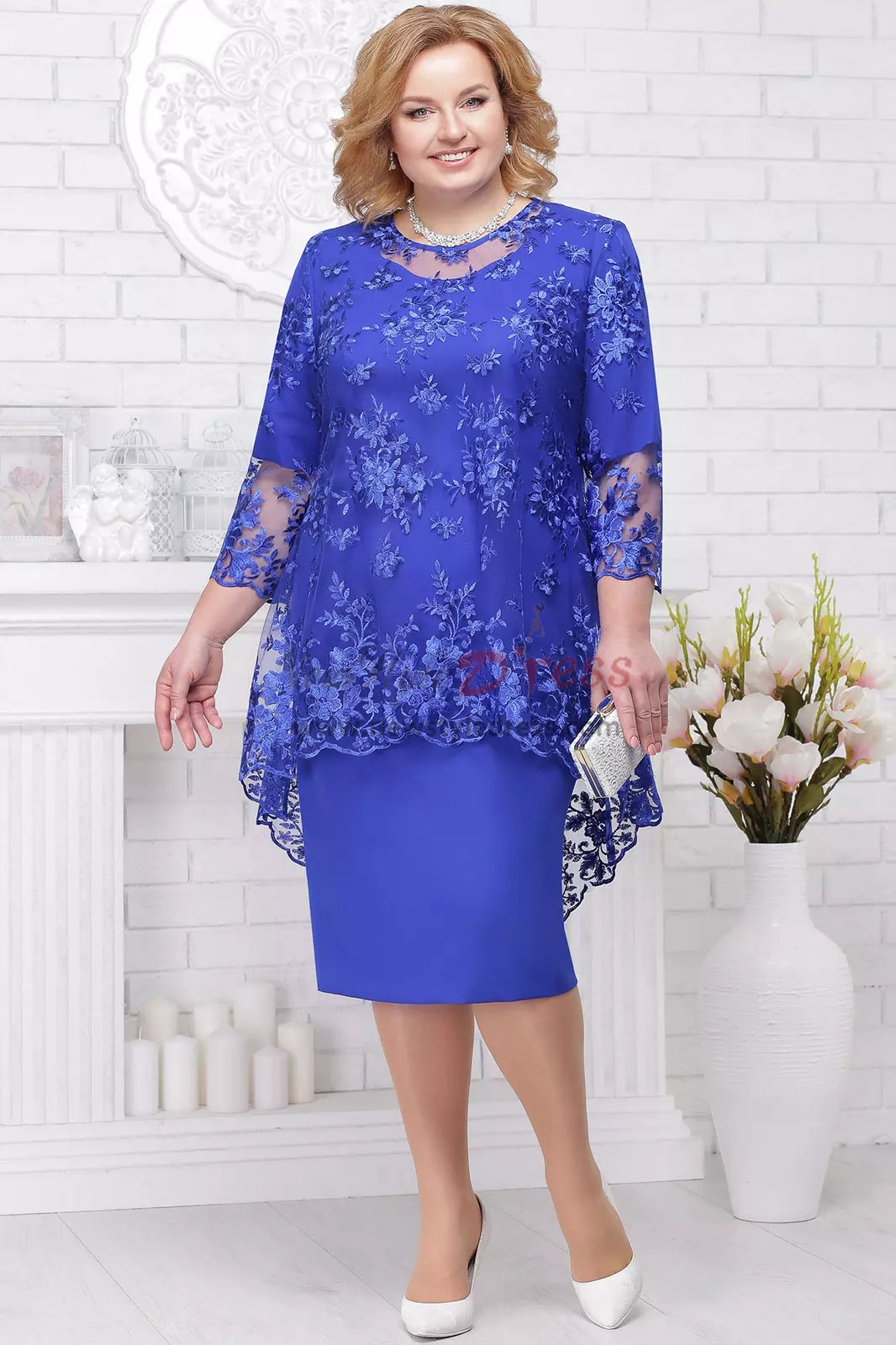 Knee-Length Plus size Mother of the bride chiffon dress with lace ...