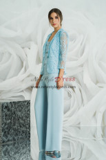 2022 three Pieces Mother of the Bride Pant Suits with Lace Jacket, Sky Blue Trousers Women Outfit nmo-913