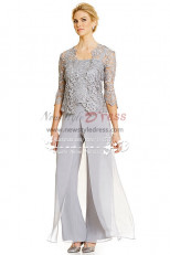 Silver grey 3PC Pantset for Summer wedding Mother of the bride pant suits with lace jacket  nmo-272