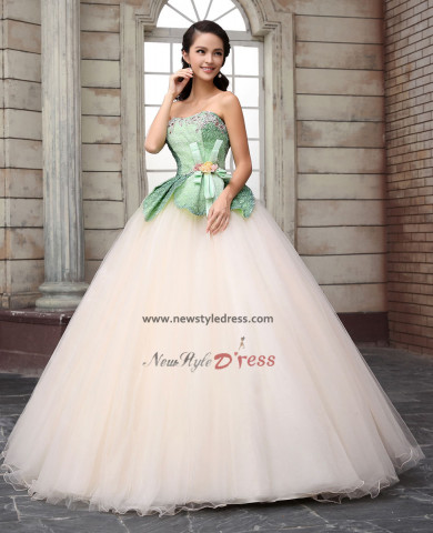 green flower Tulle ball gown Champagne Unique Discount Quinceanera Dresses under 200 nq-008