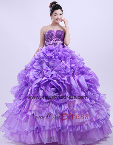 New Style Strapless Floor-Length ball gown Cheap violet flower Sequins Quinceanera Dresses nq-002