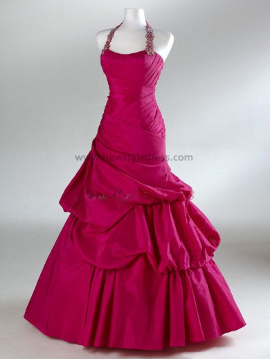 2013 Hot Sale Halter Ball Gown Elegant Rose Red and Silver Bottom Ruched Prom Dresses np-0101