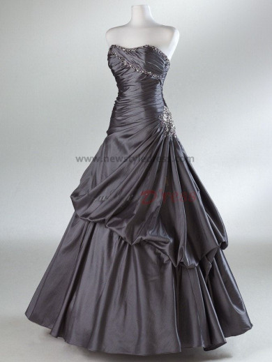 Strapless Ball Gown Glamorous Silver or Rose Red Ruched Ankle-Length Prom Dresses Side Embroidery with beading np-0070