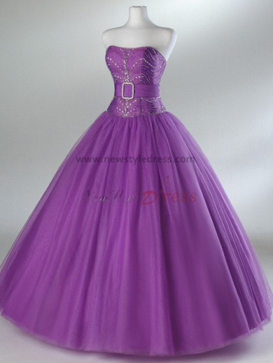Tulle Strapless A-Line Princess Glamorous Navy blue or Fuchsia Sequins Chest Appliques Ankle-Length Prom Dresses np-0082