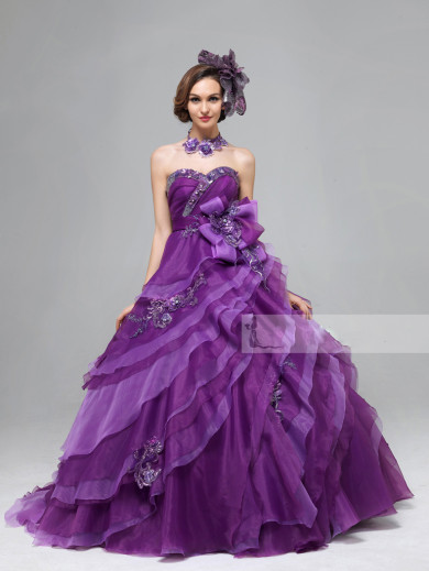 New Arrival Grape Glass Drill Ruched Sweep Train Sweetheart Tiered Quinceanera Dresses nq-014