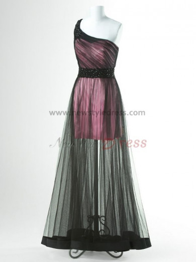 Dark Green or Pink Surface layer black tulle One Shoulder prom dresses np-0155