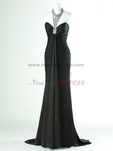 Halter Chest with pleats Fuchsia or Black Gorgeous Hand-beading SweepBrush Train evening dresses np-0044
