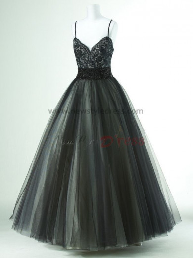 Spaghetti Chest V-neck Appliques a-line Tulle Floor-Length black or purple np-0154