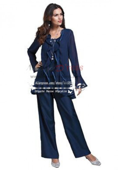 Mother of the bride pant suit Dark navy chiffon three piece outfit with ...