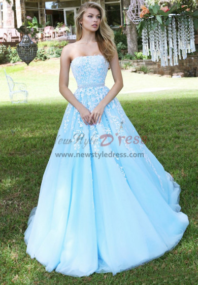 Gorgeous Strapless Sky Blue Lace Evening Dresses, Beaded Belt A-Line Wedding Party Dresses pds-0070-2
