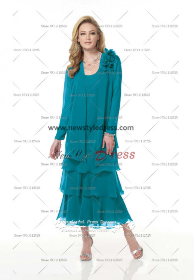 Elegant Chiffon Layered Nice Turquoise Mid-Calf Mother of the Bride Dress cms-054