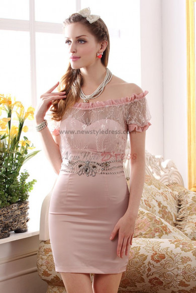 Pink/Ivory Off the Shoulder Above Knee Sheath Sexy Prom Dresses nm-0255