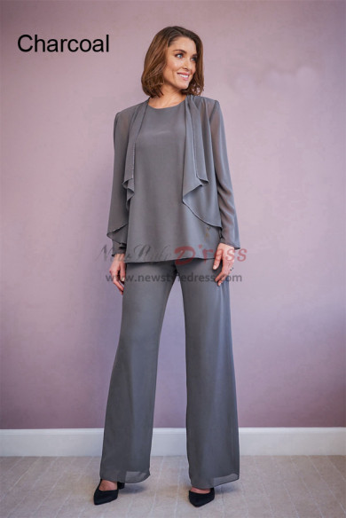 3 Piece Charcoal Chiffon Mother of the Bride Pant Suits, Stretchy Waist Pants Mother Of The Groom Outfits mos-0002-1