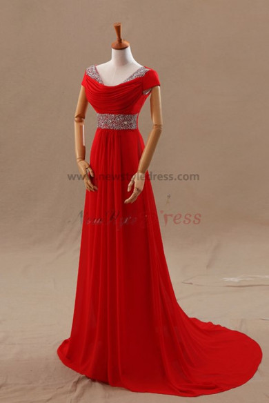 red Chiffon Off the Shoulder Sashes with Crystal prom dress np-0217