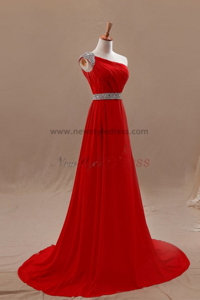 red One Shoulder Sweep Train Evening Dresses with Crystal Sashes np-0219