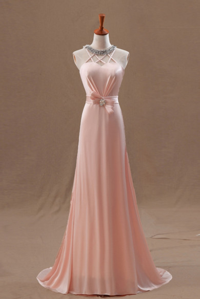 Pink long Halter Brush Train Waist With a bow prom dress np-0252