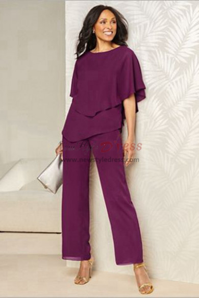 Fuchsia Chiffon Mother of the Bride Pant Suits, Elastic Waist Trousers Women