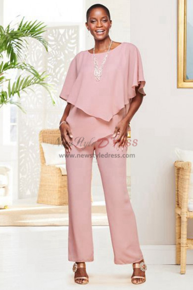 Pink Chiffon Loose Mother of the Bride Pant Suits, Elastic Waist Trousers Women