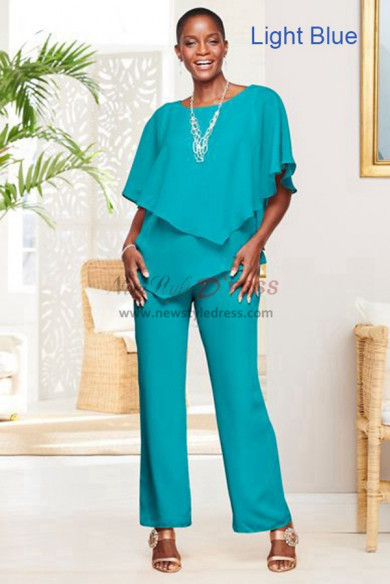 Two Piece Light Blue Chiffon Loose Mother of the Bride Pant Suits, Elastic Waist Trousers Women