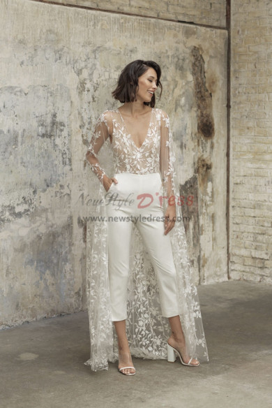 V-Neck Wedding Lace Jumpsuits Bride Dress With Brush Train wps-230