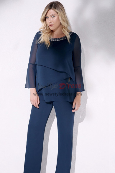 Two Pieces Navy Beaded Neckline Mother of the Bride Pant Suits nmo-1008