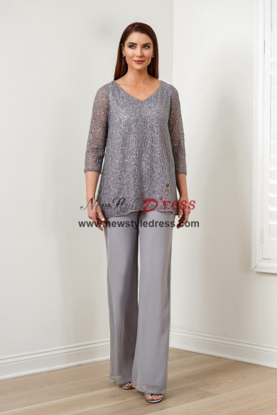 2PC Mother Of The Bride Pant Suits,Gray Lace Women