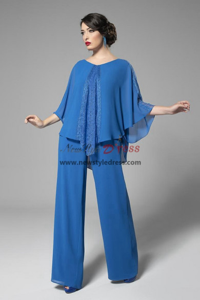 2022 Ocean Blue Chiffon Cape Mother of the Bride Pant suits for Wedding Guest nmo-939