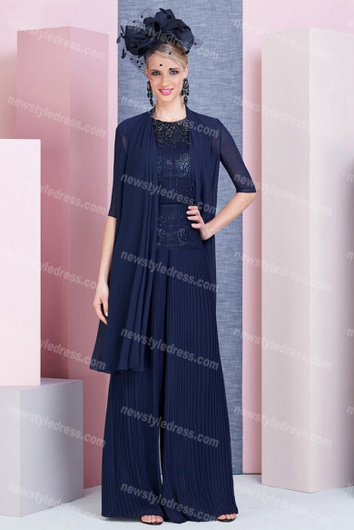 Dark Navy Elegant Mother of the bride outfits Accordion pleats pants suits nmo-690