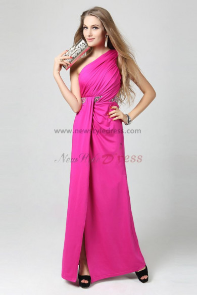 2014 New Style rose red slits Oblique band prom dresses np-0311