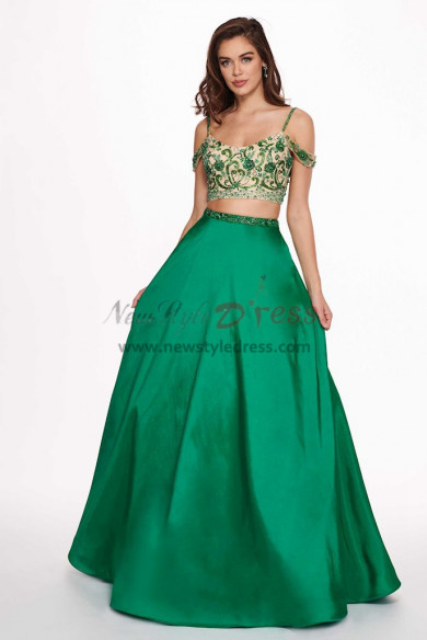 2023 Spring A-Line Spaghetti Prom Dresses, Green Off the Shoulder Hand Beading Wedding Party Dresses pds-0062-1
