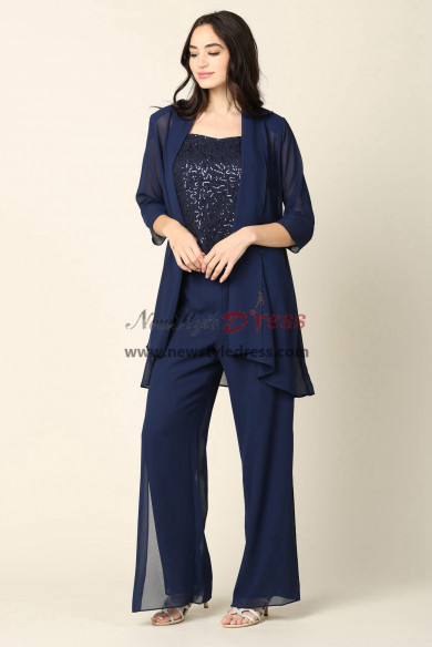 Plus Size Dark Navy Chiffon Mother of the Bride Pant Suits with Jacket Women Special Occasion Outfit nmo-993-2