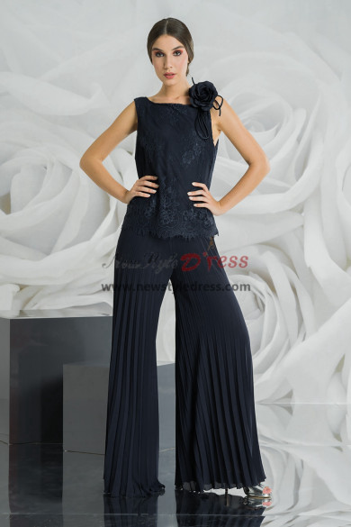 Dark Navy Mother of the Bride Outfit, Women Pant Suit Accordion pleats Wide Trousers Pantalon nmo-918