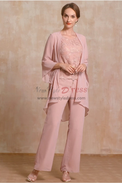 3 PC Blush Pink Chiffon Mother of the Bride Pant Suits, Modern Stretchy Waist Trousers Women