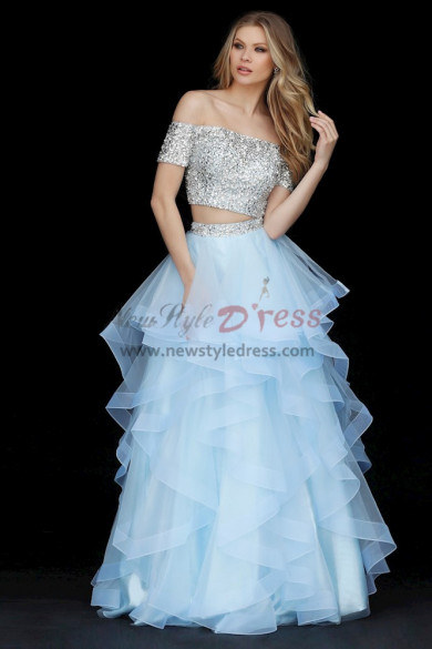 Sky Blue Off the Shoulder Chest Beaded Prom Dresses, Multilayer Ruffles Wedding Party Dresses pds-0079-2