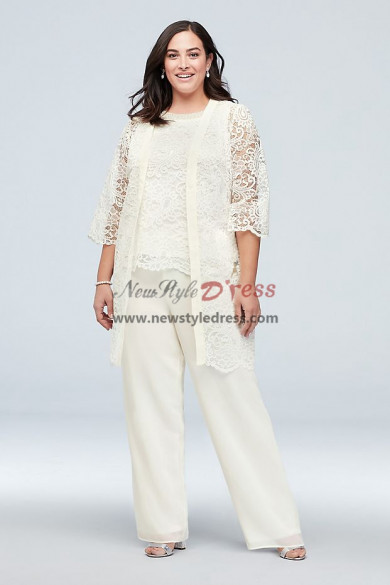 Ivory Plus Size Mother of the Bride Pant Suits with Lace Jacket for Wedding Guest nmo-1009