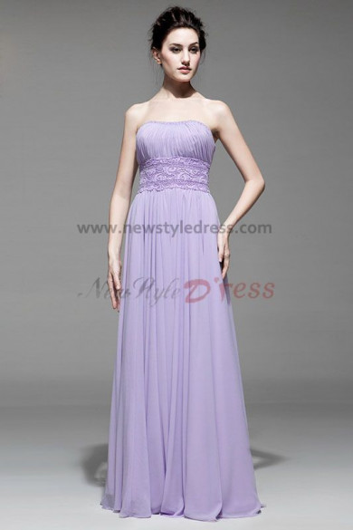 Lace Belt Strapless Lavender Elegant Chiffon Prom Dresses np-0269