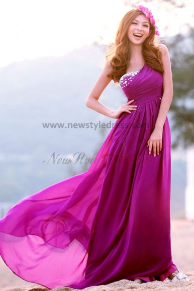 One Shoulder purple Chiffon Prom Dresses Brush Train Discount np-0225