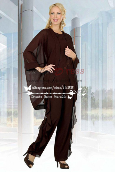 Chocolate chiffon mother of the bride pant suits Unique 3 PC dress for wedding nmo-208