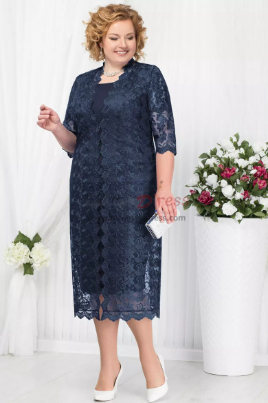 Dark navy Mother of the bride dress with jacket Plus size Mid-Calf women