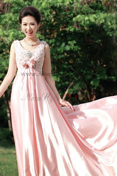 Pearl Pink Crystal Satin Elegant Hand beading bow Prom Dresses np-0229